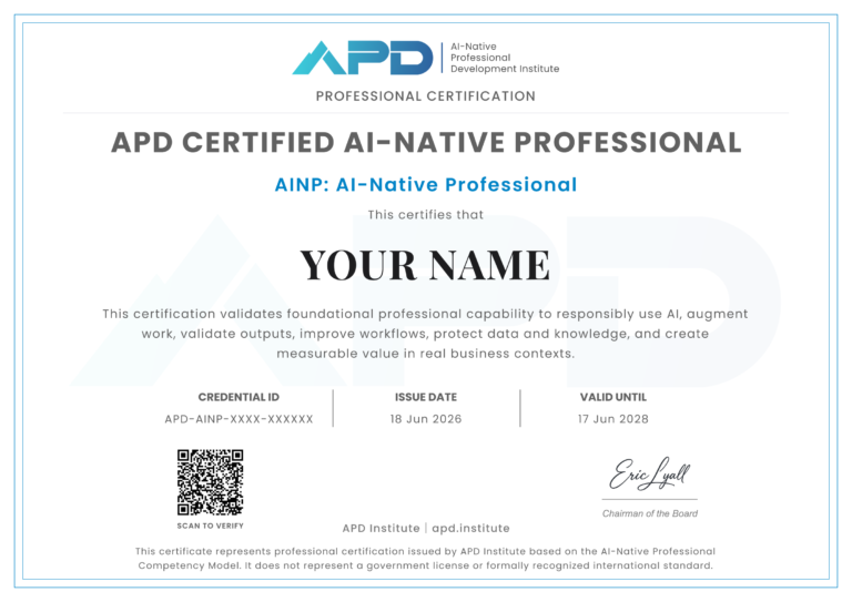 AINP 认证证书样例 — 展示证书版式与 APD 研究院签章