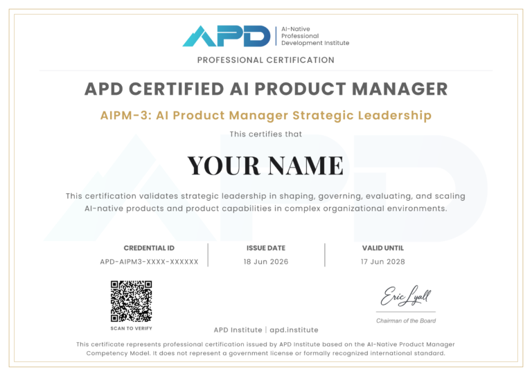 AIPM-3 认证证书样本 - 由APD研究院颁发的战略领导力级AI产品经理认证