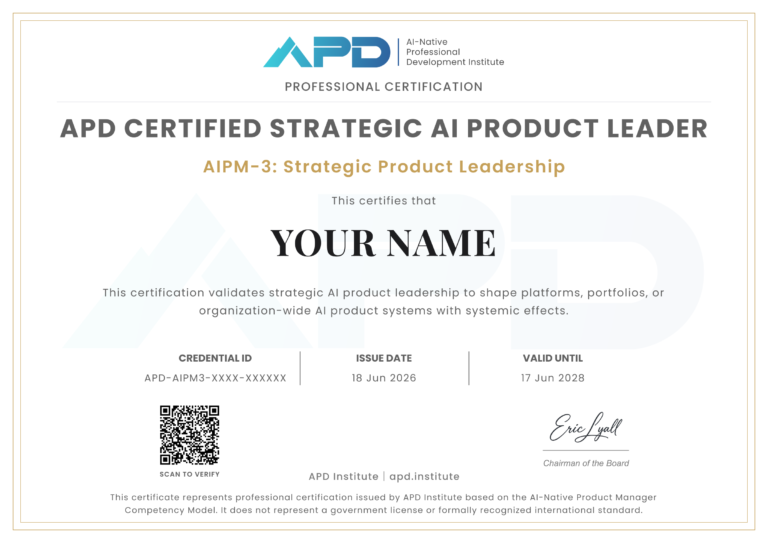 AIPM-3 认证证书样本 - 由APD研究院颁发的战略领导力级AI产品经理认证